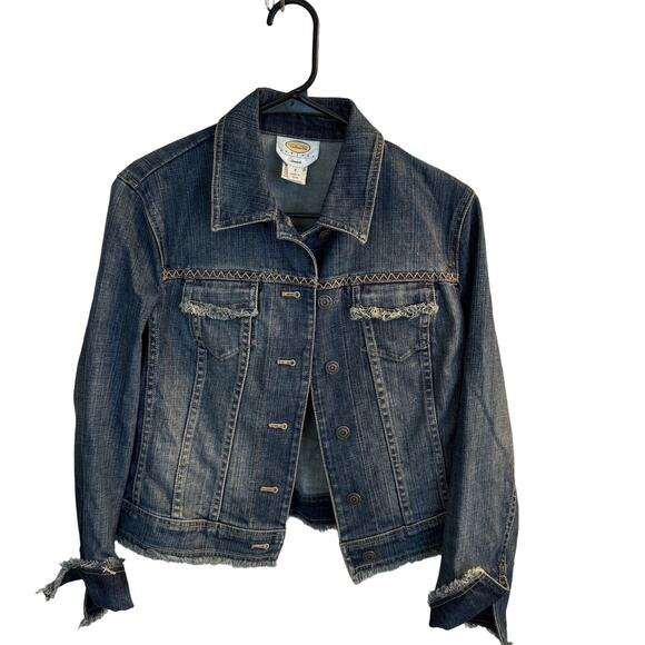 Talbots Jacket Women's Blue Denim Fray Pocket Design Button Down Jean Sz 8 - Picture 2 of 7
